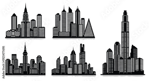 Black and White City Skyline Silhouette Collection, Modern Urban Skyscraper Grid with Architectural Spires and Diverse Building Shapes on White Background