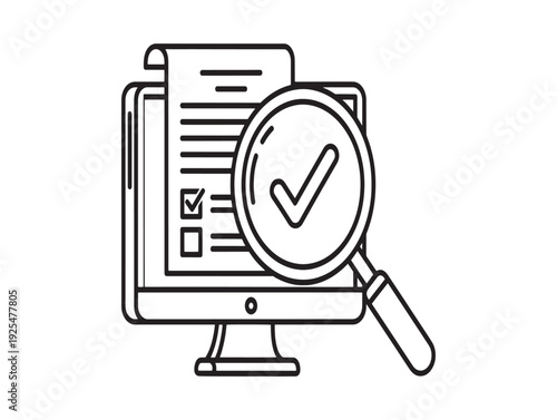Computer screen with a checklist and magnifying glass icon for inspection and verification