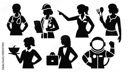 Diverse professional women in various occupations and careers black silhouettes on white background