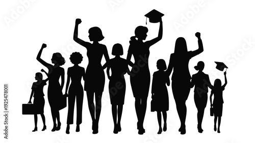 Diverse group of women and girls in empowering poses celebrating success and education with graduation caps and fists raised high