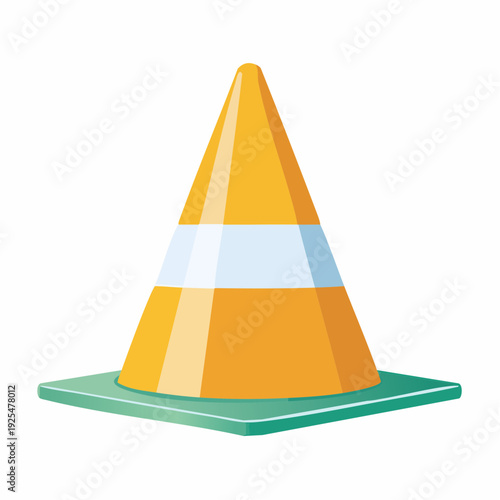 Bright orange safety cone with a prominent reflective strip, a clear warning symbol for road construction zones, directing traffic and ensuring public safety