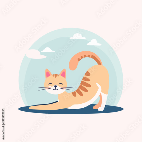 Cute ginger cat stretching on a mat with a light blue sky and clouds in the background