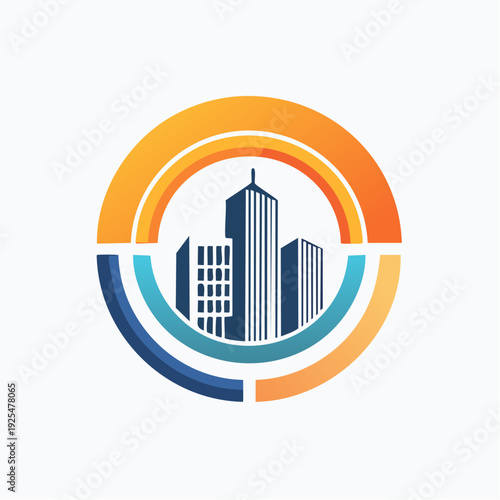 Vibrant circular emblem with a modern city skyline for corporate real estate branding