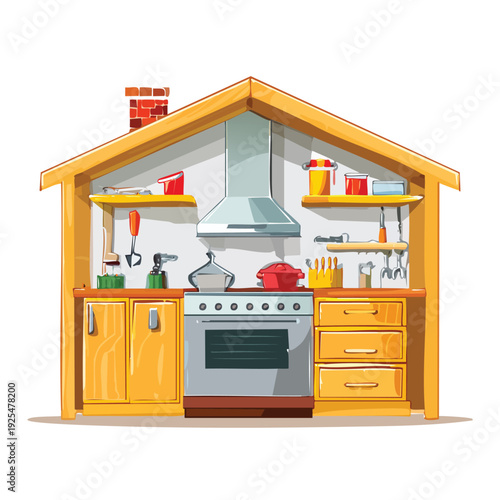 Cartoon kitchen interior illustration with cooking appliances and tools