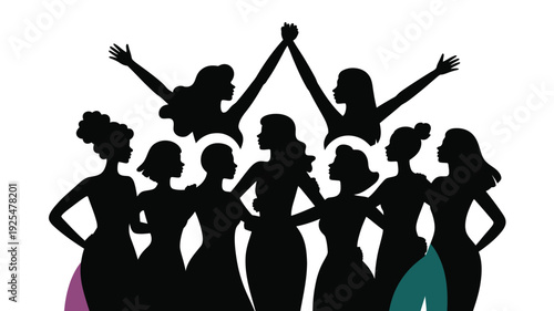 Silhouette of a group of women in dresses celebrating standing together in unity and friendship with colorful accents on a white background