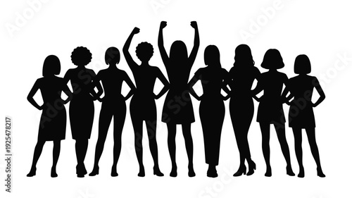 Diverse group of confident women silhouettes standing together with one celebrating success in professional attire against a clean white background
