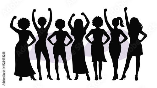 Diverse group of empowered women in confident poses with fists raised in solidarity and strength