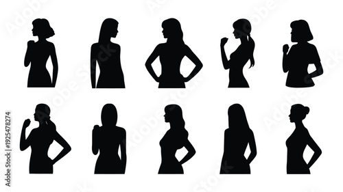 Collection of confident woman silhouettes in various poses on white background for graphic design