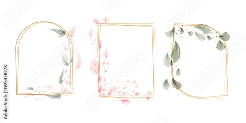 Three exquisite golden geometric frames are showcased, each adorned with soft watercolor botanical elements.