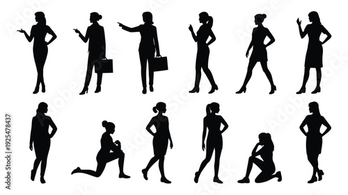 Collection of black silhouette illustrations of women in various poses and outfits on white background
