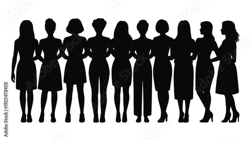 Diverse group of women silhouettes standing together in unity and solidarity on white background