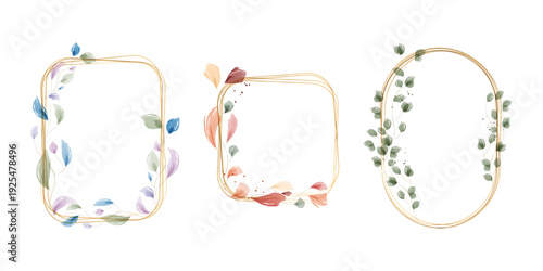 Three distinct gold frames adorned with delicate watercolor botanical elements. One features blue, purple, and green leaves. Another displays pink, orange, and gray foliage.