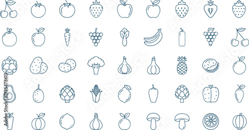 Fresh Organic Fruits and Vegetables Line Icon Set with Apple, Strawberry, Grapes, Carrot, Broccoli, and Healthy Food Symbols