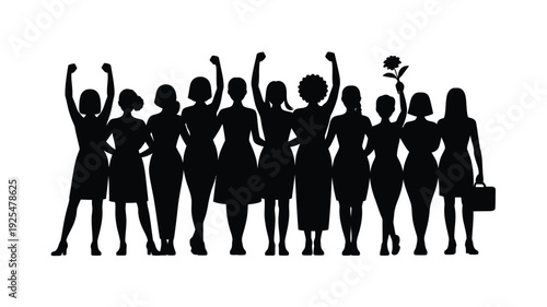 Group of confident business women silhouettes standing together in solidarity and empowerment with fists raised and briefcase