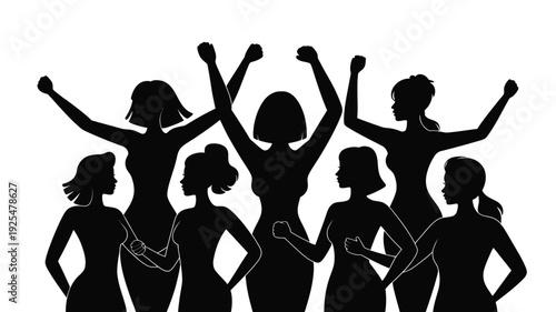 Seven women in black silhouette celebrating with raised arms and fists in solidarity and empowerment on white background