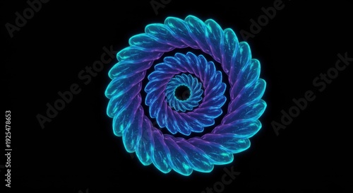 Glowing, neon blue and purple twisted ring spirals inward against a black background