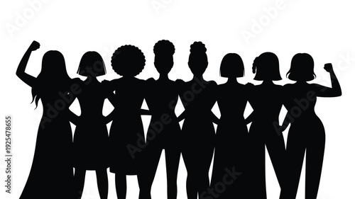 Diverse group of women standing together in solidarity black silhouettes on white background empowerment concept