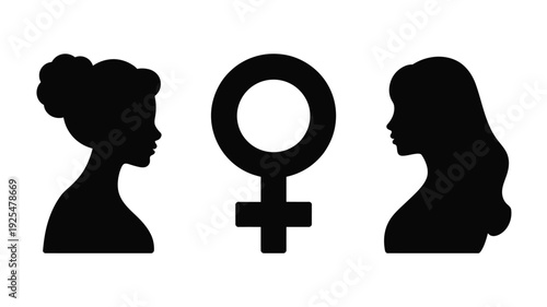 International women's day silhouettes of two women and female symbol on white background celebrating gender equality and female empowerment