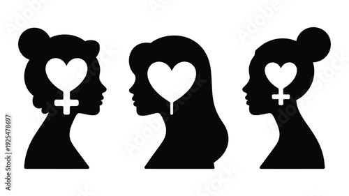Three women's silhouettes with heart and female symbol on international women's day representing female empowerment and equality