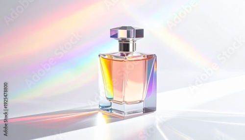 Elegant Transparent Perfume Bottle with Geometric Cap and Rainbow Refraction