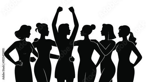 Six confident women in black silhouette celebrating empowerment and unity with one raising her arm in triumph