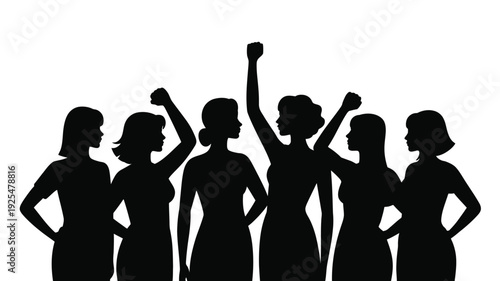 Silhouette of six empowered women standing together with fists raised in solidarity and strength on white background