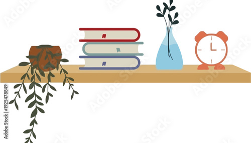 A shelf with a plant, books, vase, and alarm clock illustration