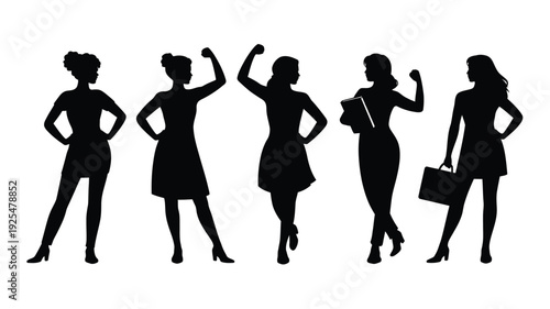 Five confident women in business attire silhouettes standing strong empowered and independent in various poses with briefcases and books symbolizing female leadership and professionalism