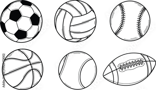 Sports ball outline collection soccer basketball baseball football vector illustration set