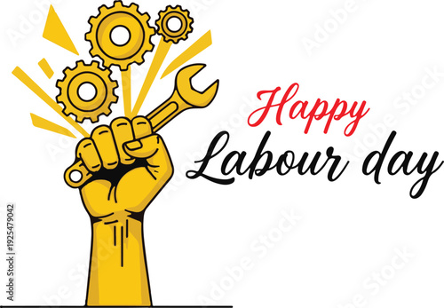 Labour day celebration with gear and wrench in a hand
