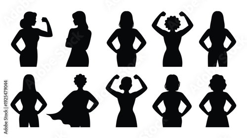 Empowering women silhouettes ten black female figures in various poses of strength and confidence on white background
