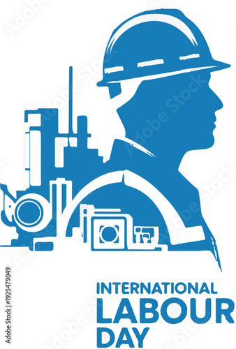 International labour day graphic design with worker silhouette and industrial icons