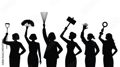 International women's day illustration silhouettes of women with various objects symbolizing equality and empowerment