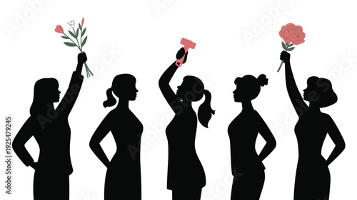 Silhouette of diverse women celebrating international women's day with flowers and megaphone empowerment and solidarity concept