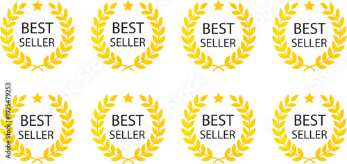 Best seller gold laurel wreath icons set with stars isolated on white background for product labels marketing and quality assurance.