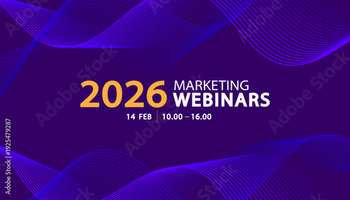 Marketing webinars banner with gold lettering and dark blue waves. Sophisticated background for executive summits, premium business events, and professional digital networking promotion.