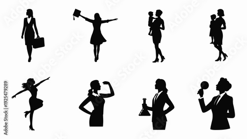 Collection of black silhouettes of businesswomen in various poses and outfits on white background