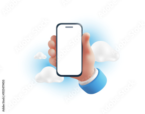 Hand holding smartphone with blank white screen on blue sky background with clouds. 3d mesh vector style illustration of male hand holding phone. Travel, summer vacation and mobile app mockup concept