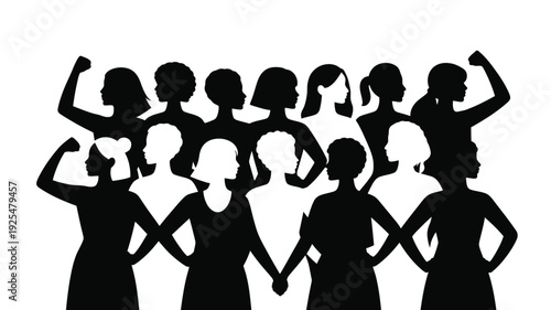 Diverse group of women in solidarity standing together in black silhouette hands clasped empowering female friendship and unity concept on white background