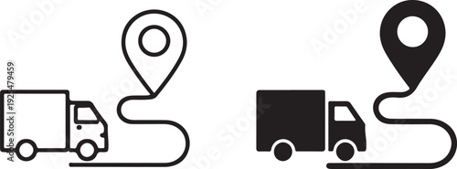 Delivery truck icons with location pins and route lines for shipping and logistics tracking services isolated on white background, illustration