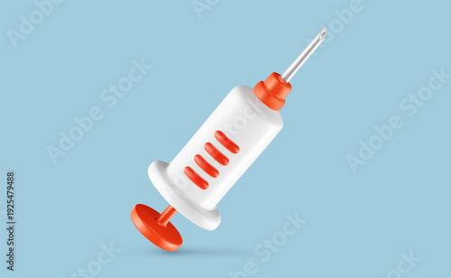 Medical syringe for vaccination and injection on blue. 3d mesh vector style of plastic hypodermic needle. Vaccine treatment and healthcare concept for medicine laboratory, pharmacy and biotechnology