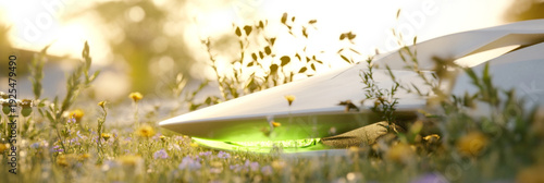 UFO in grassy field with glowing light at sunset, concept of alien encounter