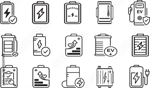 Electric Vehicle Battery Management and Smart Energy Charging Icon Collection