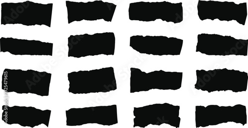 Black torn paper edges with rough borders and ripped paper textures isolated on white background for creative design elements.