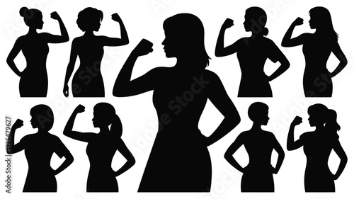 Collection of strong women in black silhouette flexing muscles in various poses on white background