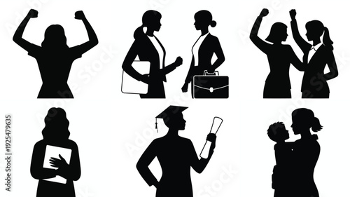 Collection of confident black female silhouettes in business and education settings empowering women