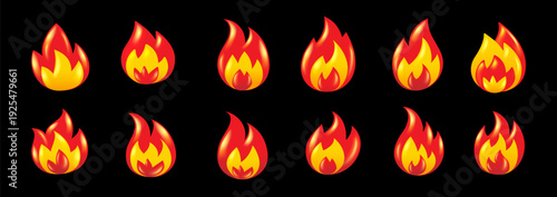 Set of fire flame emoji in 3d mesh style on black. Realistic orange and red glossy gas sparks collection. Vector glowing energy symbols isolated on black for hot deals, social media and BBQ