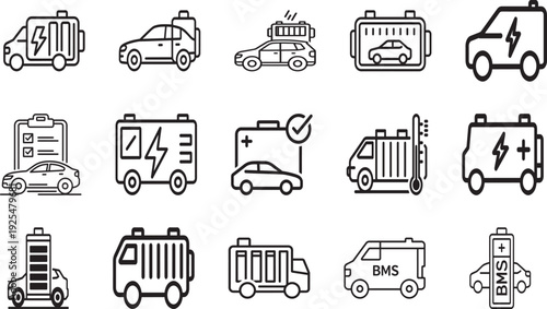Electric Vehicle Battery Management and Smart Power Charging System Icon Set