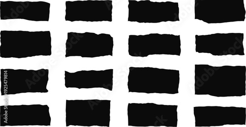 Black hand drawn brush stroke rectangles with rough edges isolated on white background for design elements and borders.