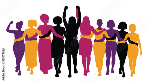 Diverse group of women standing together in solidarity and empowerment colorful silhouettes in purple pink yellow and black hues on white background
